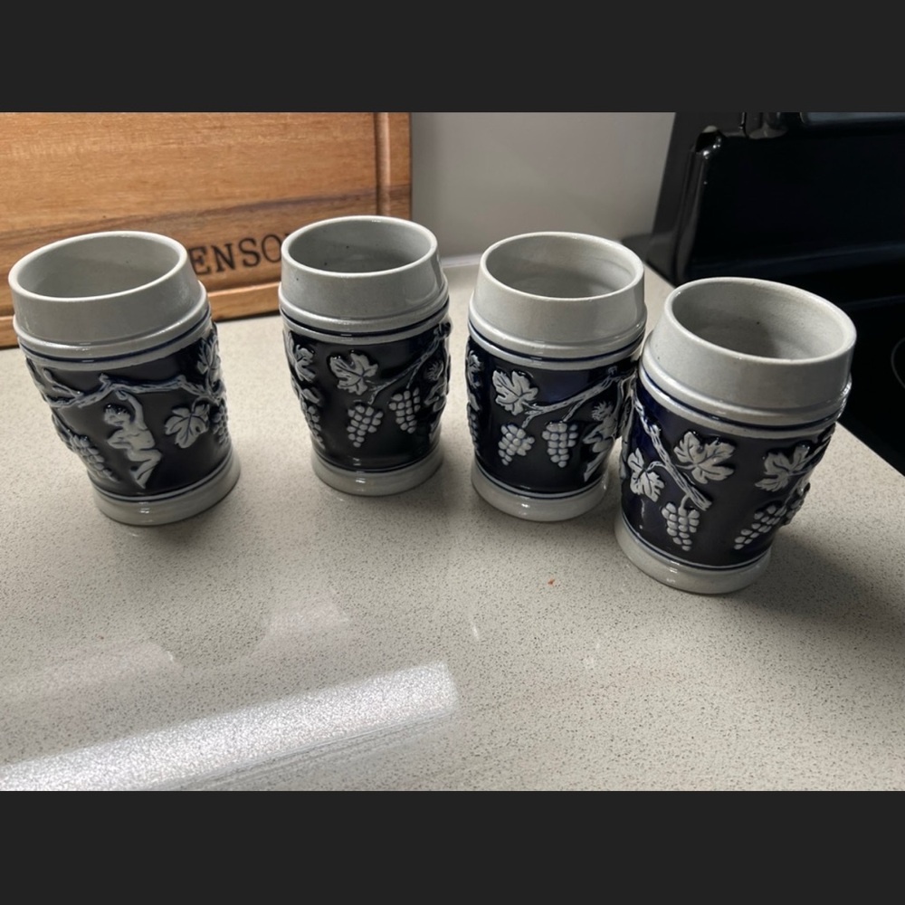German beer mug set (4) Blue and Gray Ceramic